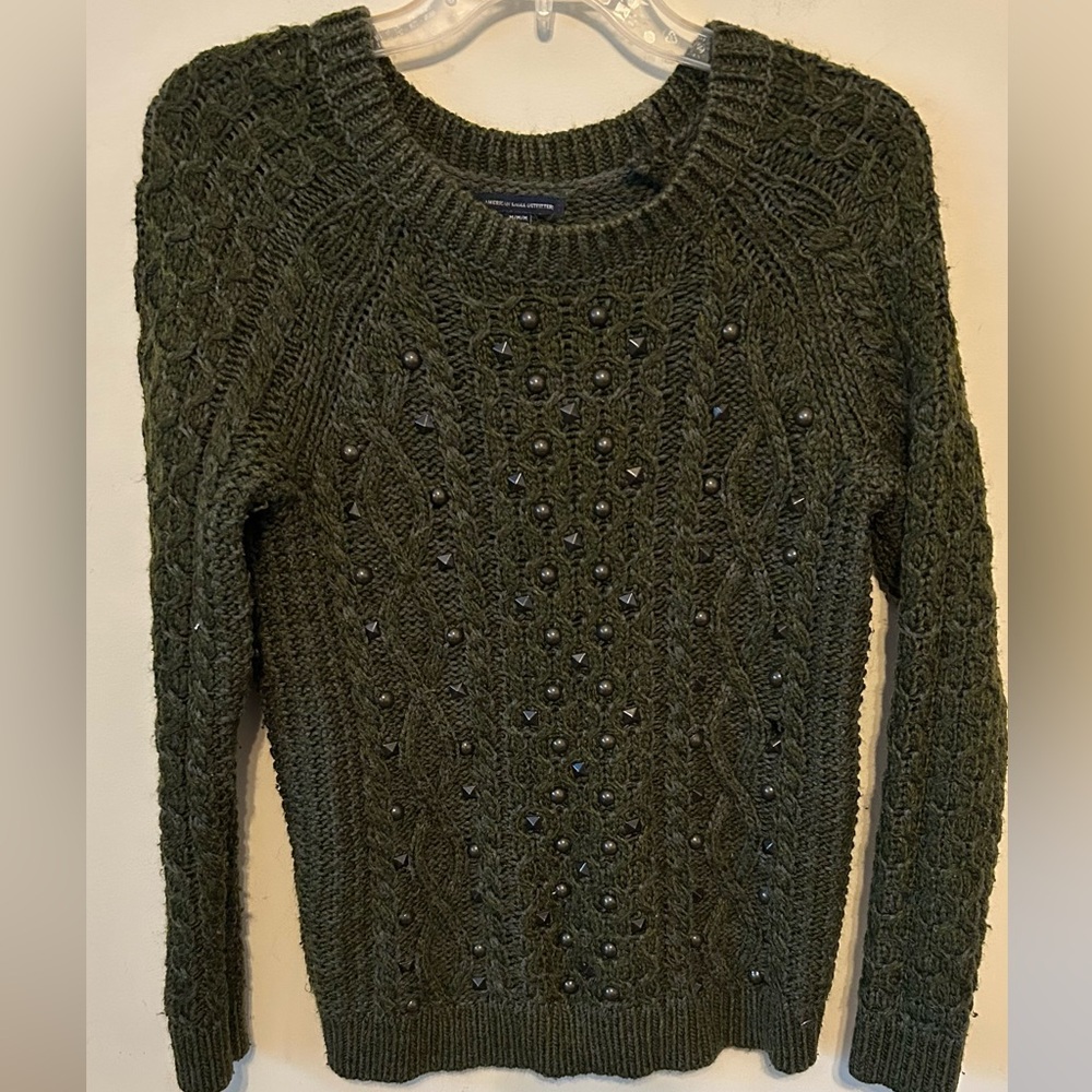 American Eagle Women's Medium Studded Embellished Knit Sweater Army Green